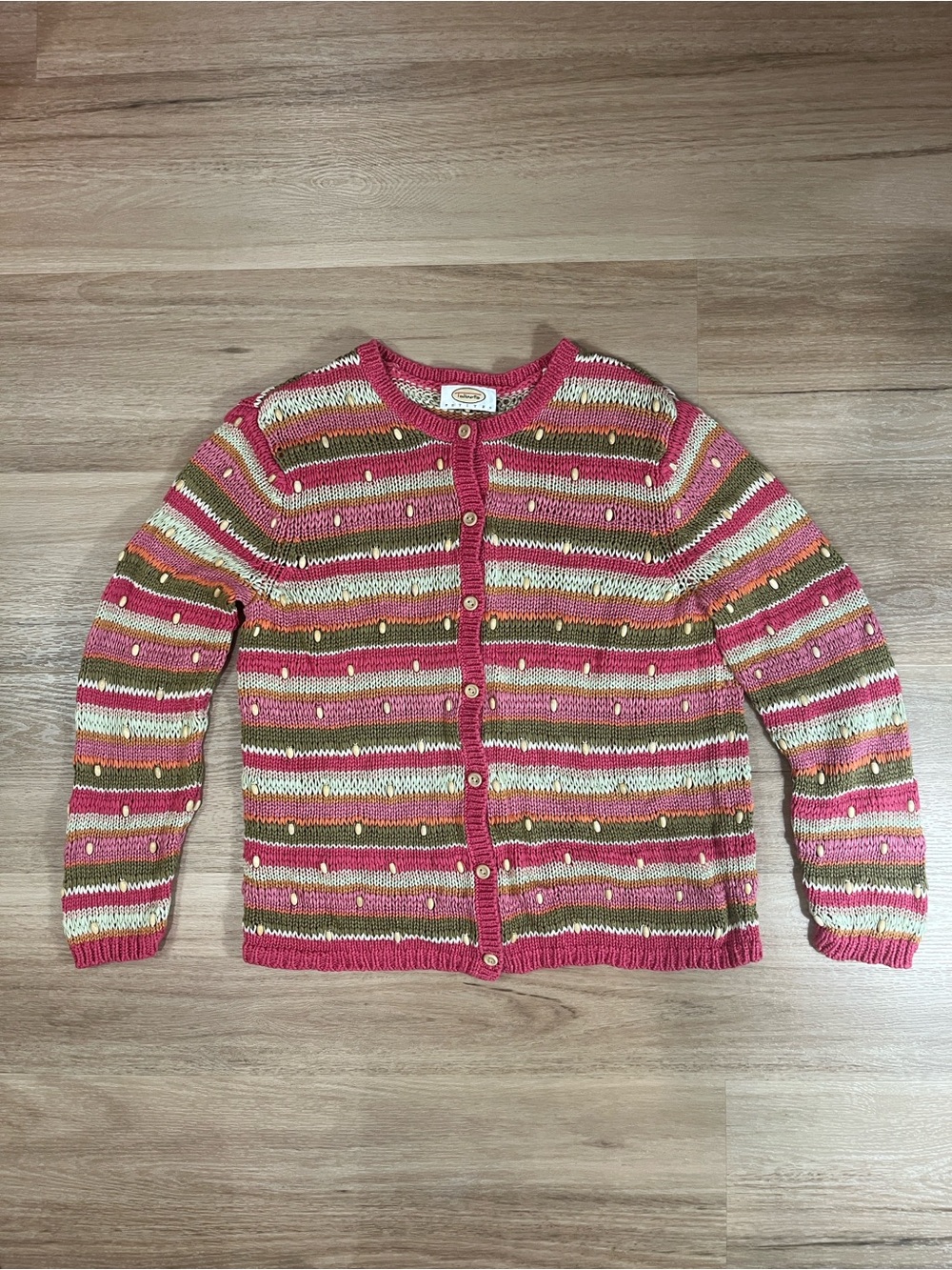 Vintage Talbots 90s Petite Striped Textured Cardigan Sweater Wood Beads PS to PM